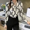 Lace-up Bow Letter Print Women Shirt 2023 Lantern Long Sleeve Chiffon Blouse V-Neck French Button Versatile Base Layer Loose Casual