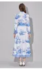 Basic Casual Jurken Dames Blauw Bloemen Vintage Midi Jurk Lange Mouw Lente Herfst Label Formeel Casul Elegant Feest Verjaardag Runway vestidos 2024