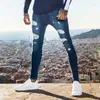 Erkek Kot 2023 Erkek Hip Hop Beyaz Moto Sıska Yırtılmış Saf Renk Elastik Denim Pantolon Erkek Gündelik Bel Jogging Kalem