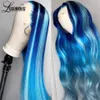 Long Soft Blue Lace Front Human Hair Wigs for Women Straight Hd Transparent Frontal Wig Synthetic Preplucked G327