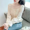 Bloups feminina Blouse French Square Neck Bubble Sleeve para mulheres no início da primavera doce Agaria plissada Cintura Lace Up Small Short Top