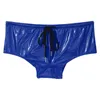 Underpants Mens Bulge Pouch Pole Dance Shorts Wet Look Patent Leather Underwear Sexy Clubwear Low Rise Drawstring Boxer