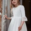 Vestidos de menina adorável flor de renda para marfim para casamento princesa na cintura alta criança bonita manga de balão de salva de balão primeiro vestido de comunhão