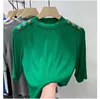 Dames t -shirt mode t shirt groen blauwe zomer knop o nek t shirts Koreaanse stijl temperament slank fit korte mouw top 230419