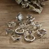 Bröllopsringar midi -ring sets antik silverfärg elefant blomma blad ögon kristall knog för kvinnor finger smycken tillbehör 11 st