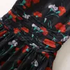 Summer Black Floral Print Ruched Sukienka z krótkim rękawem okrągła szyja Klasyczne sukienki Casual A3A101459