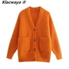 Femmes tricots Klacwaya femmes pull Cardigan pour 2023 Vintage col en v à manches longues haut surdimensionné Orange chaud boutonné