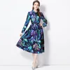 Casual Kleider Hohe Qualität Herbst Frauen Mode Runway Hemd Kleid Büro Dame Langarm Blau Floral Gedruckt A-Line Party Vestidos 2024