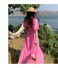 Vestidos casuales de mujer de alta calidad con cuello en V puff manga corta color rosa suelto sirena maxi vestido largo S M L XL