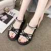 Sandals 2023 Summer Women's Soft Comfortable Wedge Heels Roman Shoes Flat Pearl Beaded Ll