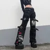 Мужские джинсы в стиле американского панка, черные джинсы, женские летние уличные брюки-карго с граффити, модные винтажные прямые расклешенные брюки с металлической пряжкой 231118