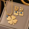 Wedding Jewelry Sets Fashion Four leaf Clover Stainless Steel Earrings Necklace Set For Women Lucky Turkish Blue Eyes Drop Pendant Daywear 231118