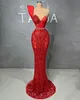 Exquise Red Mermaid Prom Dresses One Schouder V Neck Party Jurken Beading Lace Custom Made Evening Jurk