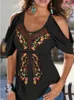 Damskie koszulki damskie bluzki moda letnie luźne unieścane nadruk z nadrukiem na ramię krótkie rękawy swobodny bohemia retro pullover tops 230419