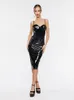 Vestidos casuais de espaguete sexy Strap Strap Faux Latex Dress Women Stretch Stretch Patente Couro Bodycon Midi WetLook Manumentado Clubwear Custom