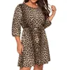 Plus -klänningar Kvinnor Leopard Crew Neck Print 3/4 Sleeve Spring Summer Casual Short Mini Dress Daily for Woman Fashion