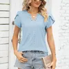 T-shirts pour femmes élégant col en V bouton évidé lâche à manches courtes femmes Wrap avant Blouse Denim pour les femmes tunique chemise hauts