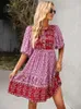 Casual klänningar eleganta och eleganta fasta mönsterdesigner Short Lanten Sleeve Bohemian Dress for Women Summer Voles Home Viscose Dresses Clothing 230419