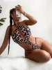 Mutade feminina 2023 Halter One Piece Swimsuit Leopard for Women Sexy Bathing Suit de traje Hollow Out