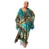 Ethnic Clothing Summer Elegent African Women Long Sleeve V-neck Polyester Printing Dress Maxi Dresses For