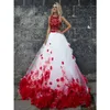 and White Red Ball Gown Prom Dresses Two Pieces New Cheap Jewel Neck Lace Applique 3D Floral Flowers Tulle Long Evening