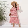 Plus -klänningar Spring Long Floral Dress 2023 Sexig V Neck Böhmen Lace Patchwork Lantern Sleeve Large Women Party