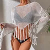 Se genom ihåliga ut bikini-täckningar toppar kvinnor strandkläder blossade långärmad tassel smock skörd toppar baddräkt cover-up