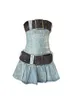 Casual Dresses French Vintage Women's Denim Sexy Sleeveless Tunic Mini Dress Elegant Fashion Party Slash Neck A line Frocks With Belt 230419