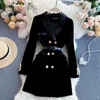 Sıradan Elbiseler Pist Sonbahar Kış Lüks Kadınlar Tüvit Takım Yaka Uzun Kollu Elbise Zarif Çift Kruvaze Siyah Vestidos