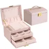 Pudełka biżuterii 1PCS Multi funkcjonalne trzyporodowe skórzane szuflady kolczyki pudełkowe Blokada 231118
