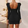 Sexy Bodycon Mini Dress Women Casual Dresses 2023 Spring Summer Square Collar Long Sleeve Elegant Slim Party Club Short Ruched Dresses