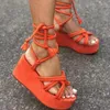 Sandals platform Wedge dames zomer 2023 schoenen groene stoffen piepje teen Romeinse stijl touw veter up casual sportrubber zool