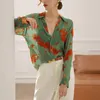 Kvinnors blusar Green Silk Shirt Kvinnlig design nisch kontrasterande Jacquard Chiffon Långärmad lös passform kvinnors stil