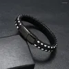 Charm Bracelets Punk Fashion Men Black Leather Wristbands Titanium Steel Bracelet Stainless Magnetic Clasp Weave Bangle Women Jewelry Gift