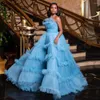 Festklänningar dess milla ljusblå tyll prom klänning älskling ruffles stropplösa skivliga formella prinsessor klänningar quinceanera abiye