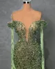 Vestidos de baile de sereia verde Mangas compridas V Apliques de pescoço lantejoulas de miçanga comprimento de piso 3d renda de diamantes ocos pérolas vestidos de noite vestidos de noiva PLUS TAMANHO