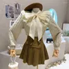 Bloups feminino Roupas 2023 Autumn Winter Bow Lace Camisa de manga comprida Up Ruffle Top