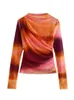 Kvinnors blusar 2023 Kvinnors sommartröjor Toppar Fashion Tie Dye Pleated Mesh Fabric Sticked Female Slim Elegant Clothing