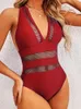 Yüzme Giyim 2023 Seksi Mesh Patchwork Wear Kadınlar Takım Kadın Derin V Boyun Mayo Takım Plaj Giyim Push Up Monokini 230419