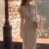 White V-neck Cross Twist Knit Dress Autumn and Winter Temperament Long Dress Long Waist-Slimming Dress Female 2023 New