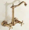 Kitchen Faucets Antique Brass Wall Mounted 2 Cross Handles Swivel Spout Bathroom Sink Basin Faucet Mixer Tap Anf052