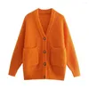 Femmes tricots Klacwaya femmes pull Cardigan pour 2023 Vintage col en v à manches longues haut surdimensionné Orange chaud boutonné