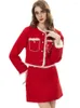 Work Dresses Red RoosaRosee Luxury Feather Tassel Patchwork Long Sleeve Short Coat Mini Pencil Skirt 2023 Women Sprig Summer Twinset Suits