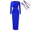 Ethnic Clothing Summer Elegant African Women Long Sleeve O-neck Polyester Red Blue Black Maxi Dress Dresses With Belt S-3XL