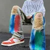 Men's Jeans Small crowd design colorful graffiti torn jeans men's American high street straight tube loose fitting wide leg long pants 231118