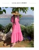 Vestidos casuales de mujer de alta calidad con cuello en V puff manga corta color rosa suelto sirena maxi vestido largo S M L XL