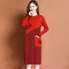 Casual Dresses Autumn Dress Women Knitting Sweater O-Neck Långärmning Knärlängd Patchwork Pocket Decoration Slim Female Clothes 230419