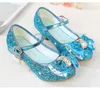Sneakers Princess Kids Leather Shoes For Girls Flower Casual Glitter Children High Heel Girls Shoes Farterfly Knot Blue Pink Silverhkd230701