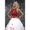 and White Red Ball Gown Prom Dresses Two Pieces New Cheap Jewel Neck Lace Applique 3D Floral Flowers Tulle Long Evening