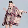 Women's Fur Faux Women Hooded Capes Patchwork Knitted Cloak Thick Warm Office Lady's Plaid Poncho Outerwear Jacket Loose Coats 231118